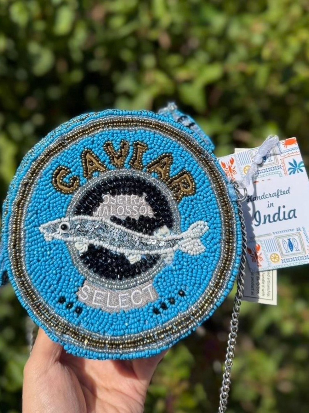NWT Made in India Caviar Round Circular Chain Crossbody Blue Beaded Bag